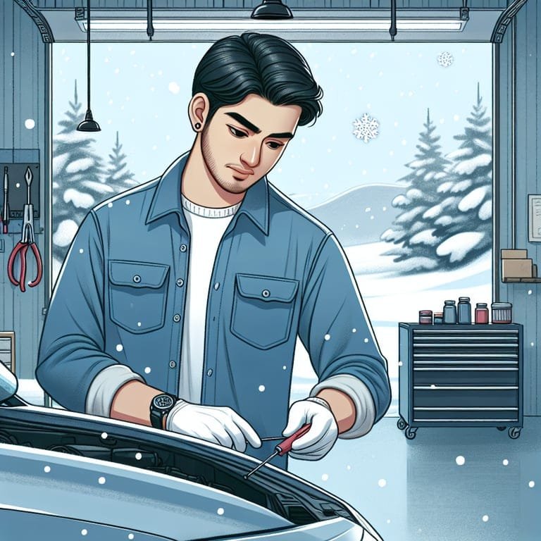 겨울 자동차 정비를 하는 남자